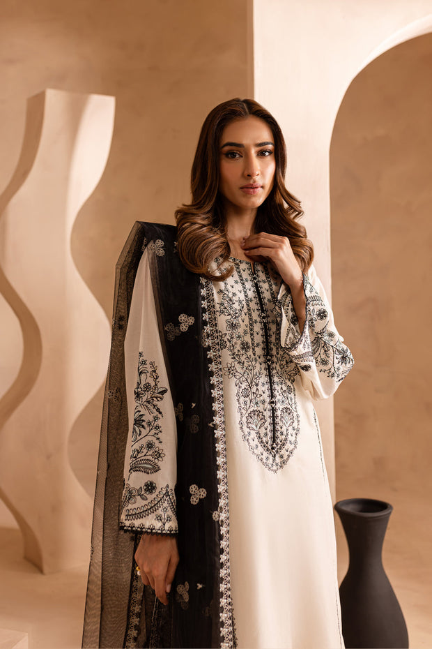 Black White 3Pc - Embroidered Khaddar Dress