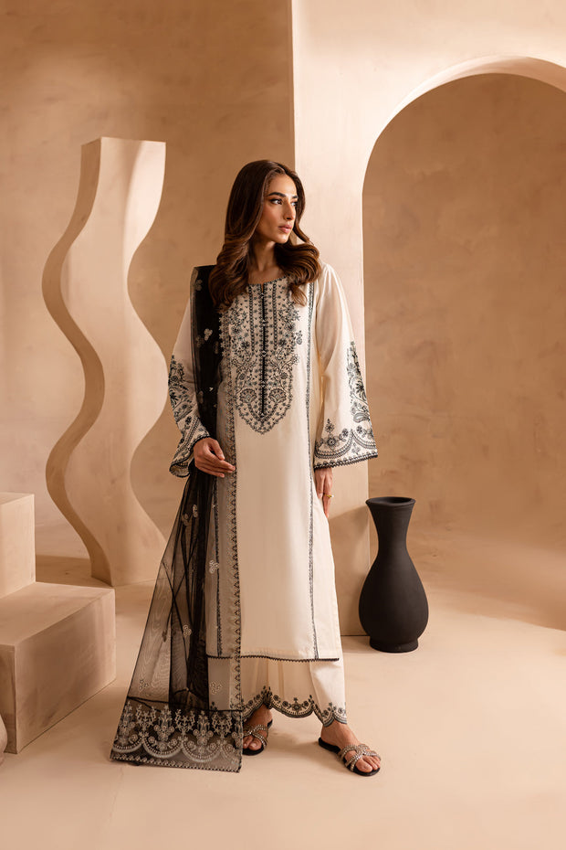 Black White 3Pc - Embroidered Khaddar Dress