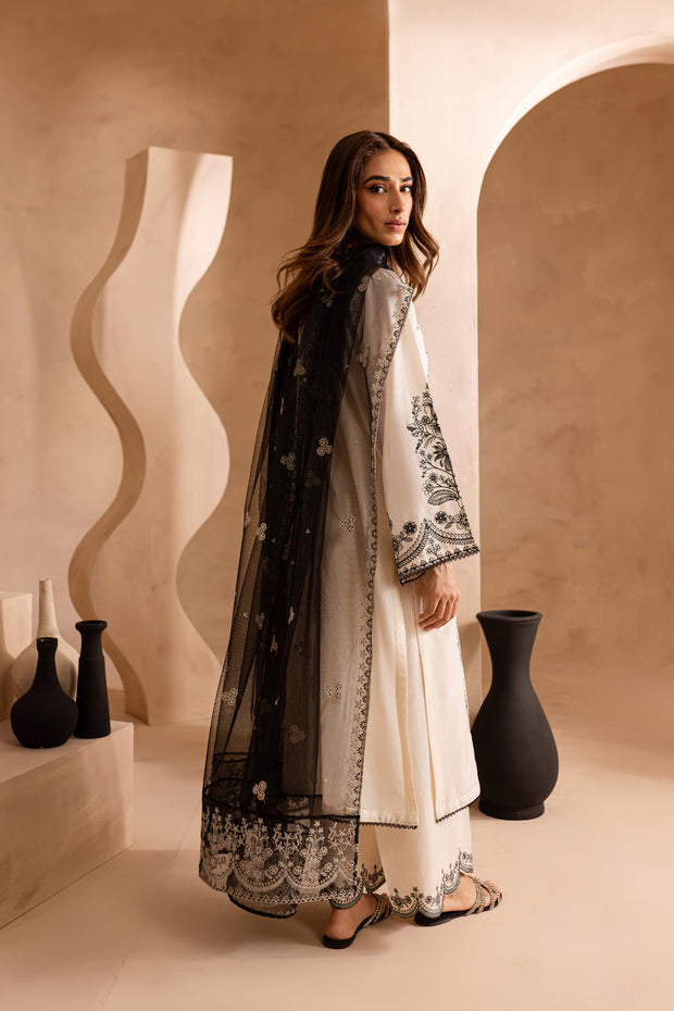 Black White 3Pc - Embroidered Khaddar Dress