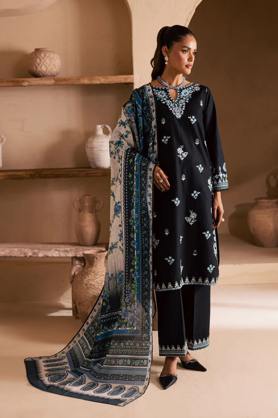 Black Riva 3Pc - Embroidered khaddar Dress