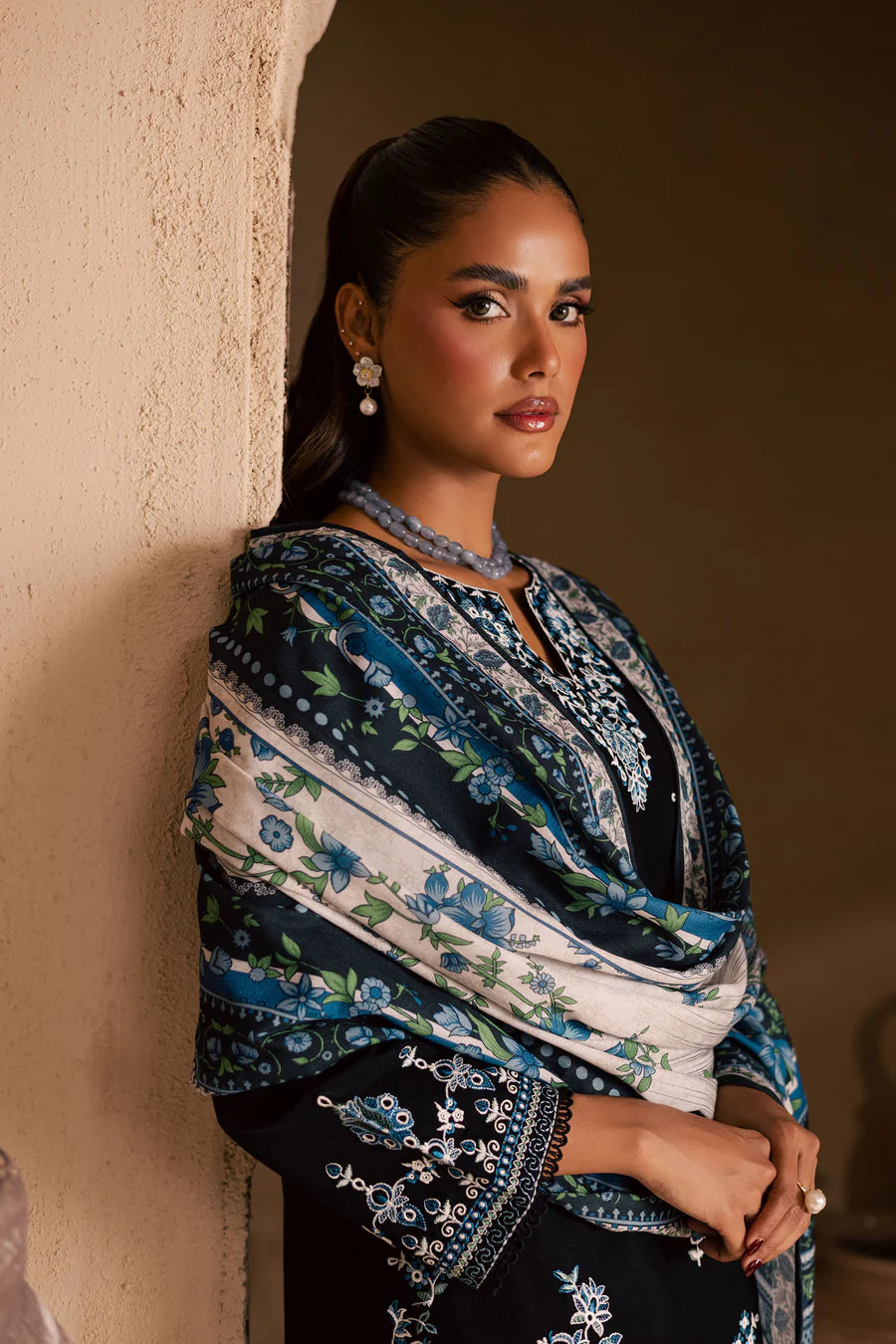 Black Riva 3Pc - Embroidered khaddar Dress