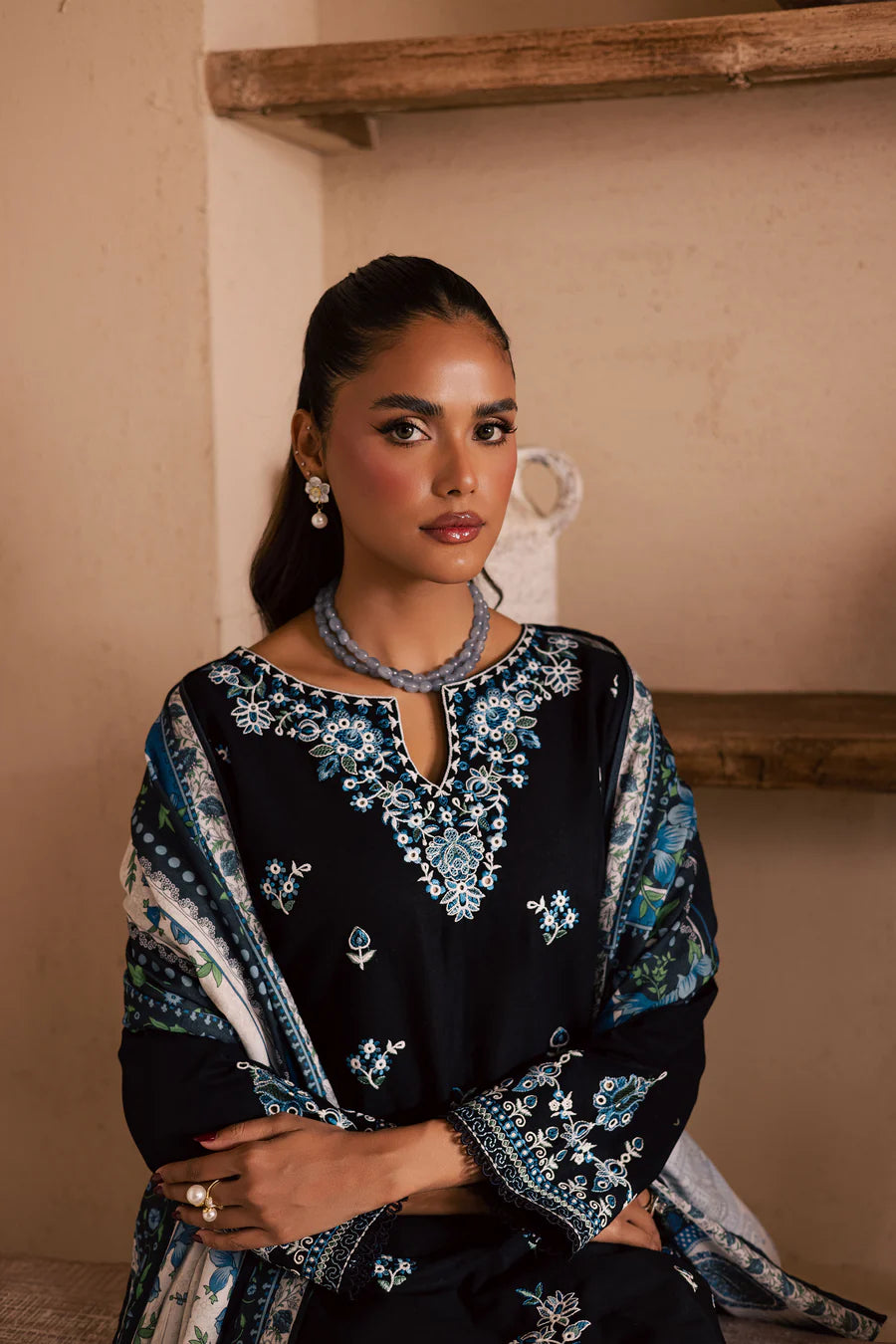 Black Riva 3Pc - Embroidered khaddar Dress
