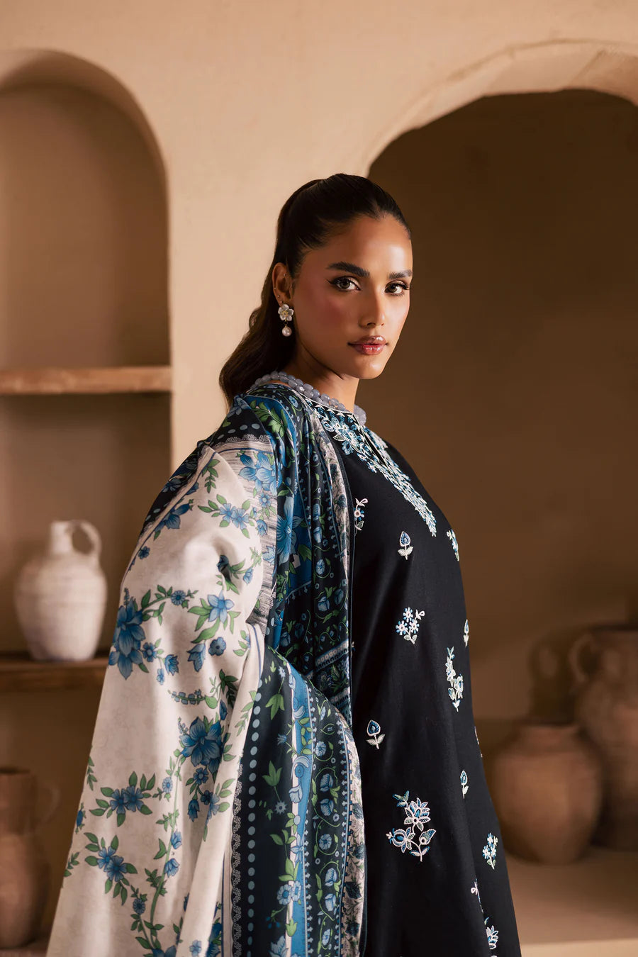 Black Riva 3Pc - Embroidered khaddar Dress