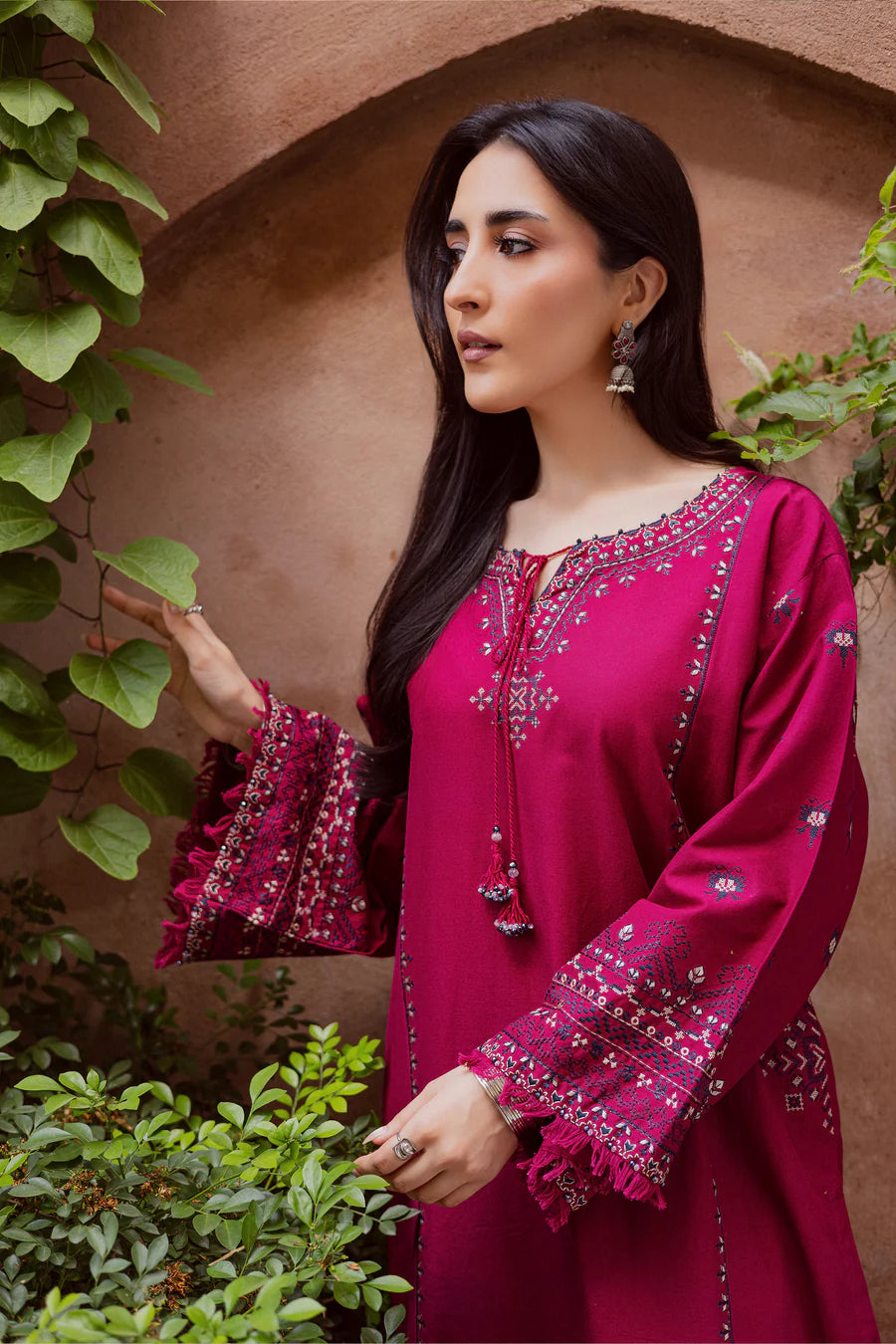CrossWord Pink 2Pc - Embroidered khaddar Dress