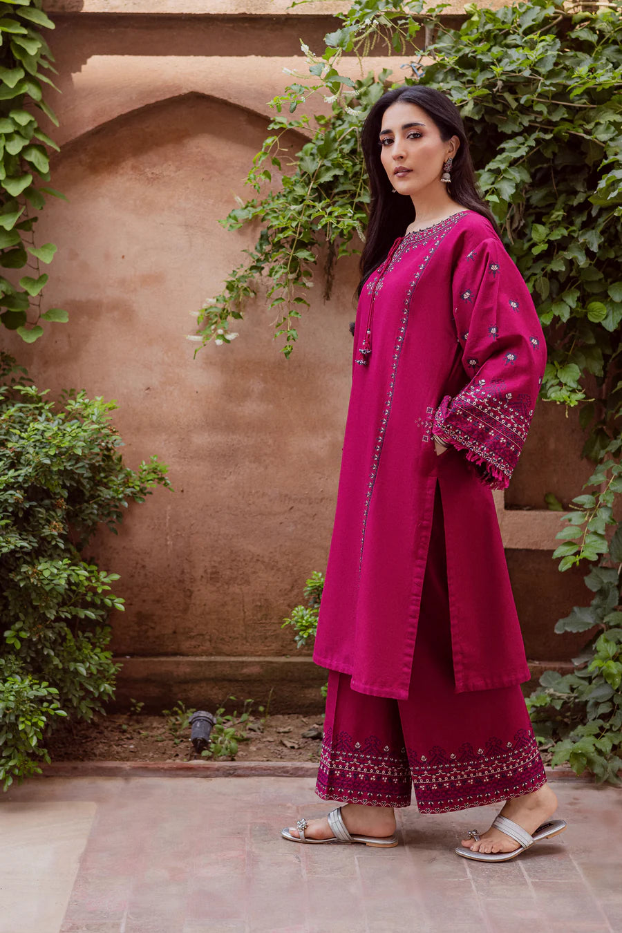 CrossWord Pink 2Pc - Embroidered khaddar Dress