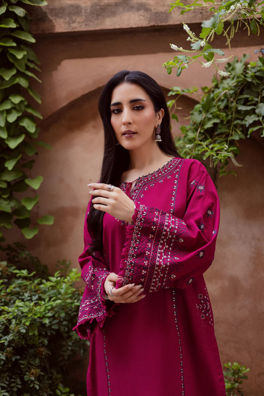 CrossWord Pink 2Pc - Embroidered khaddar Dress