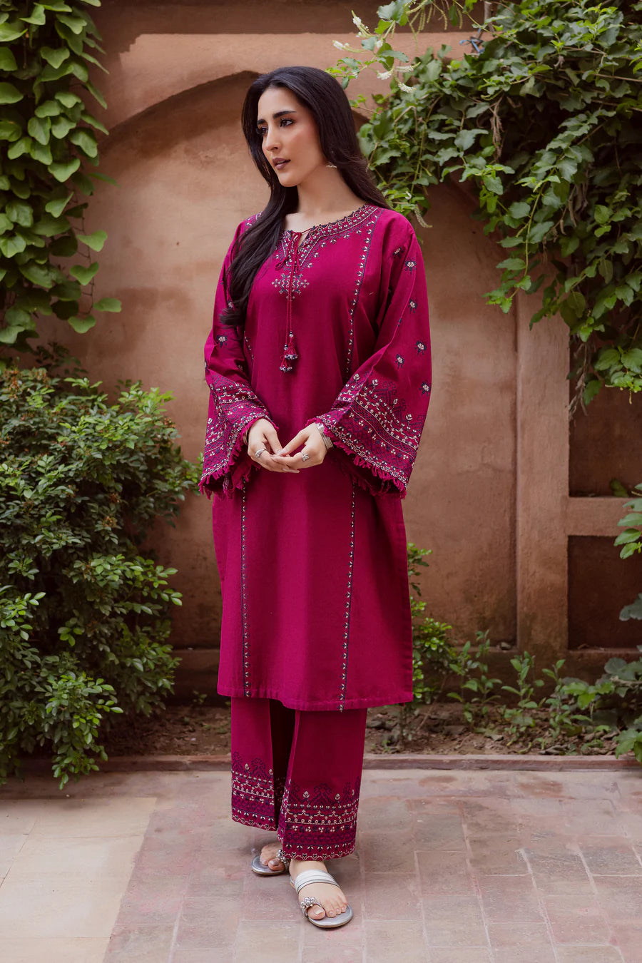 CrossWord Pink 2Pc - Embroidered khaddar Dress
