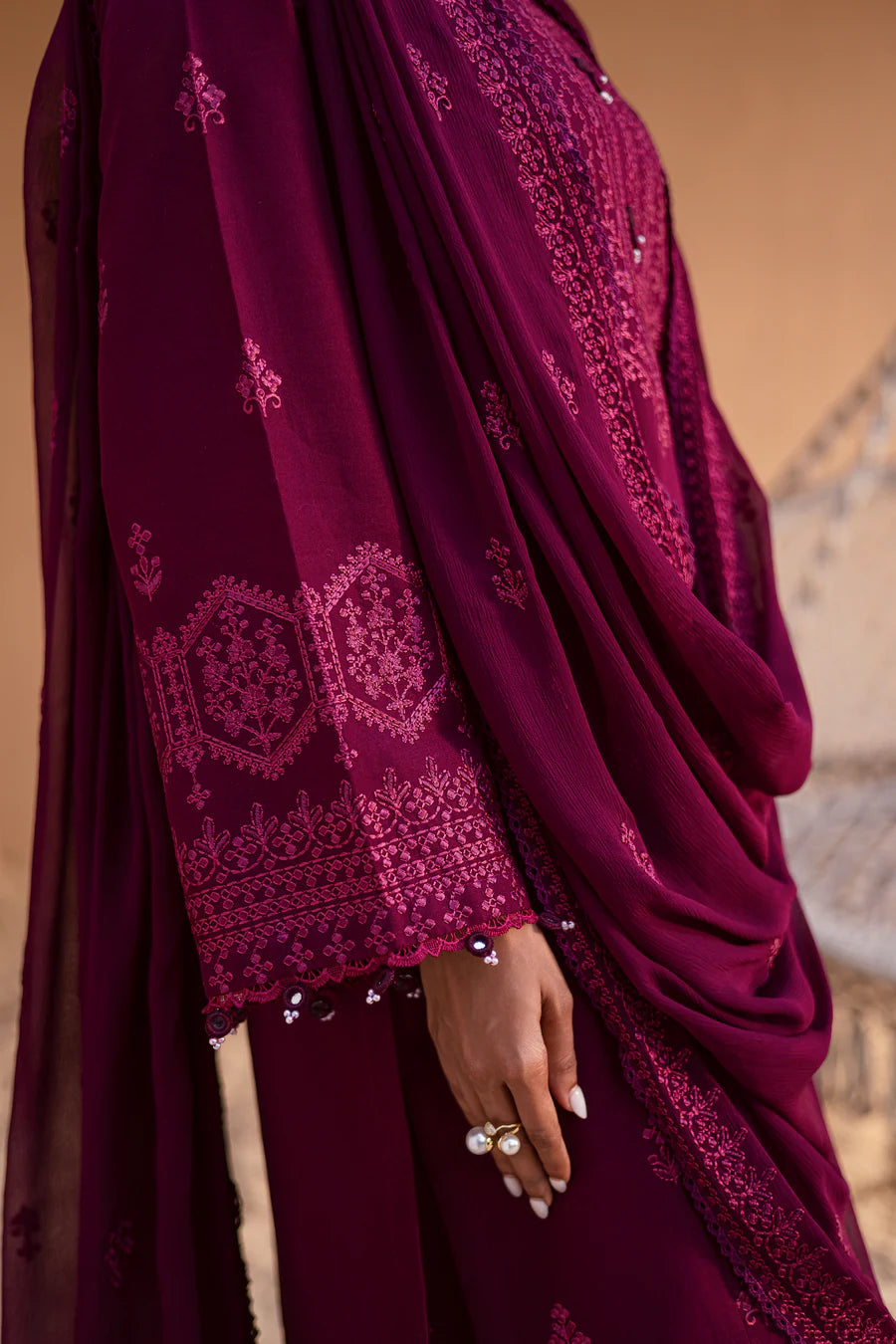 Maroon Henna 3Pc - Embroidered khaddar Dress