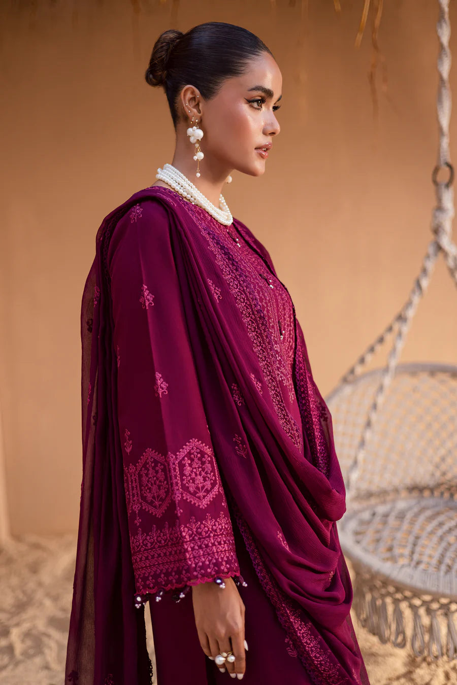 Maroon Henna 3Pc - Embroidered khaddar Dress