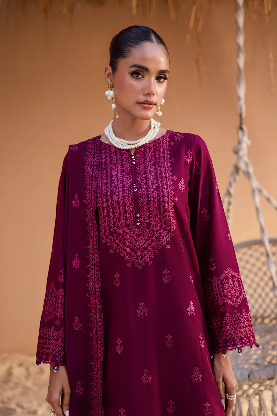 Maroon Henna 3Pc - Embroidered khaddar Dress