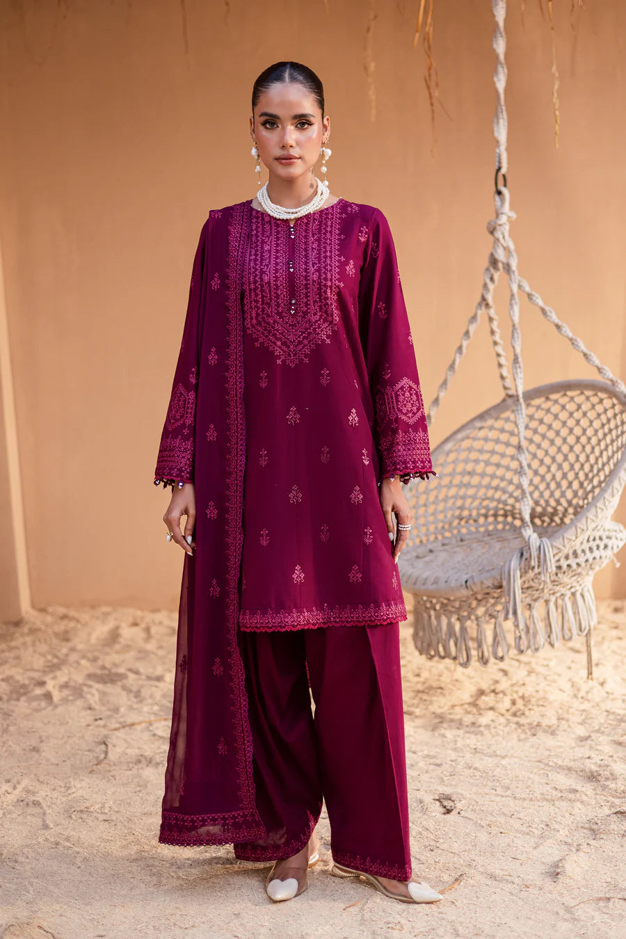Maroon Henna 3Pc - Embroidered khaddar Dress