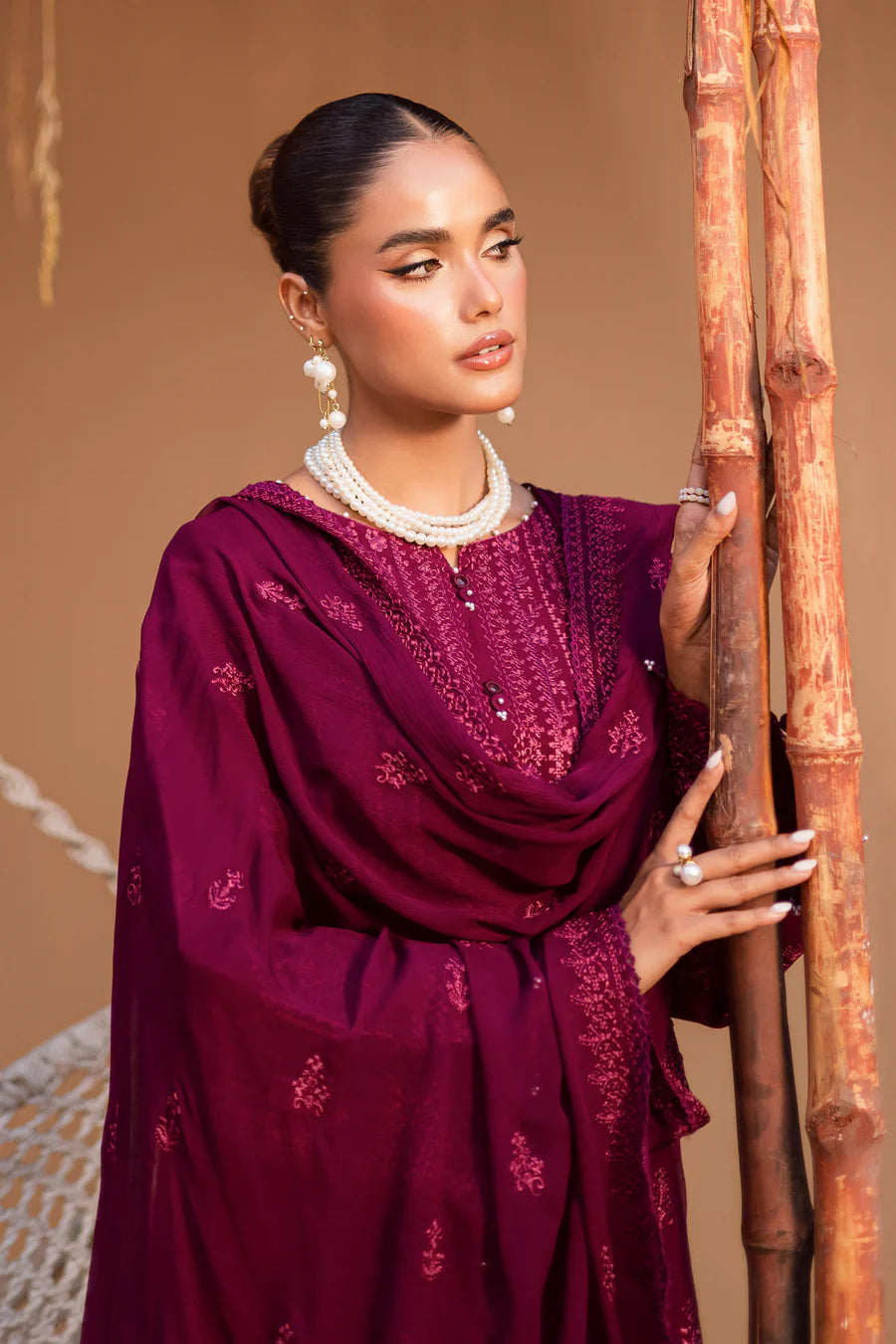 Maroon Henna 3Pc - Embroidered khaddar Dress