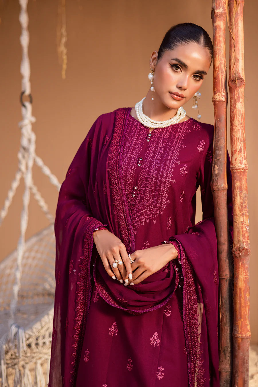 Maroon Henna 3Pc - Embroidered khaddar Dress