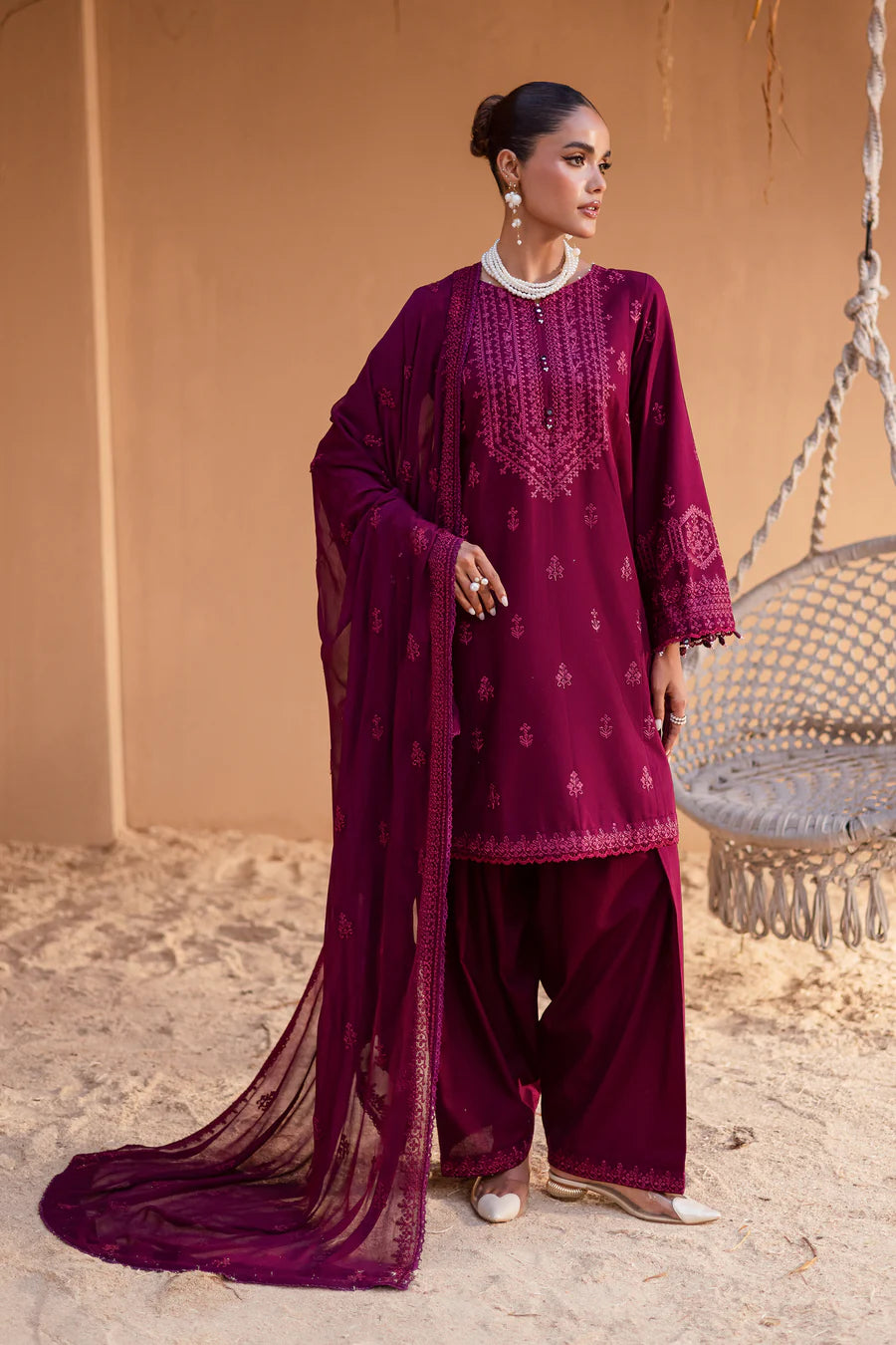 Maroon Henna 3Pc - Embroidered khaddar Dress