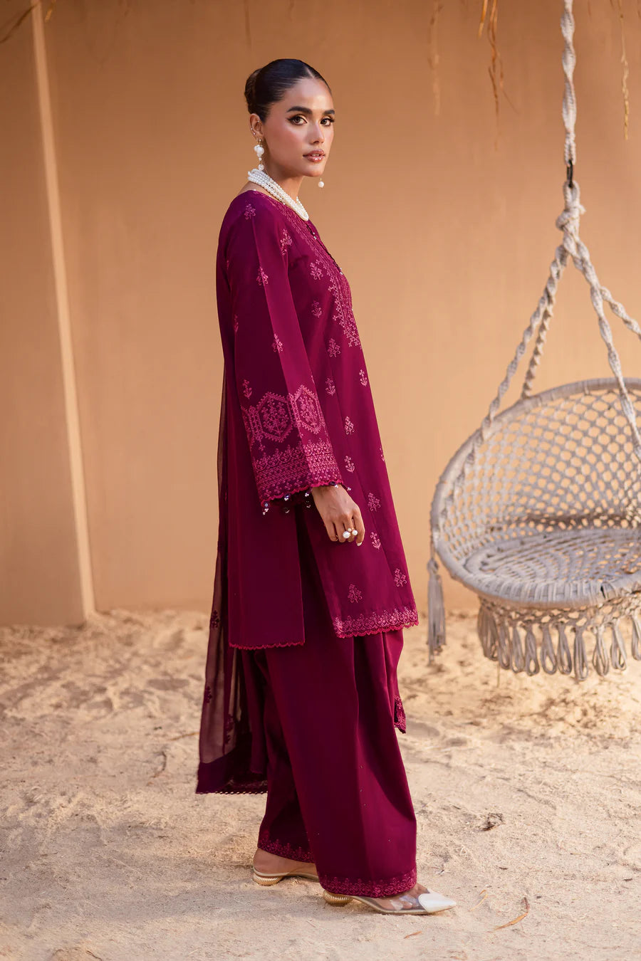 Maroon Henna 3Pc - Embroidered khaddar Dress