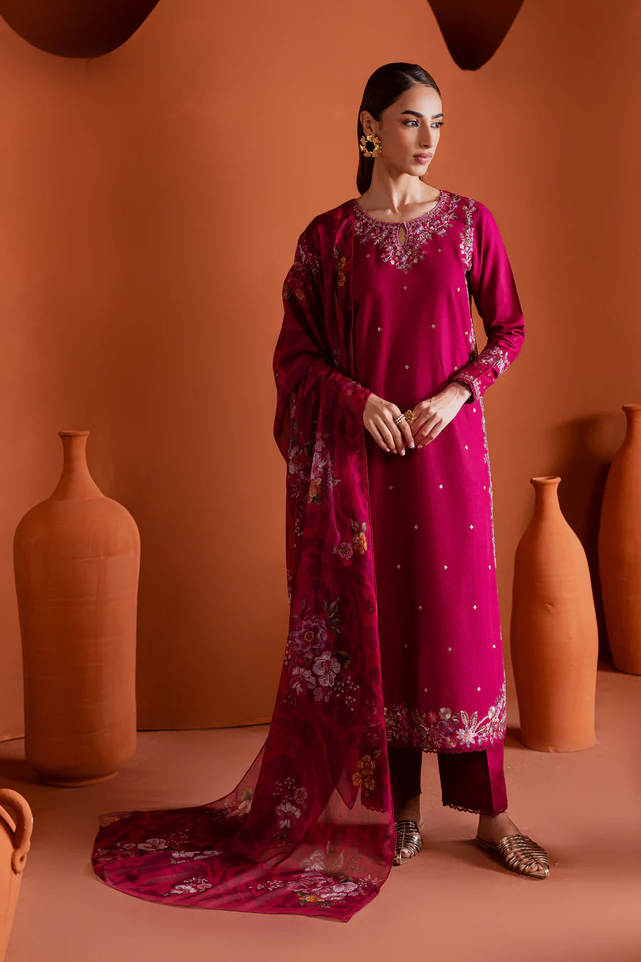Pink Inizio 3Pc - Embroidered khaddar Dress