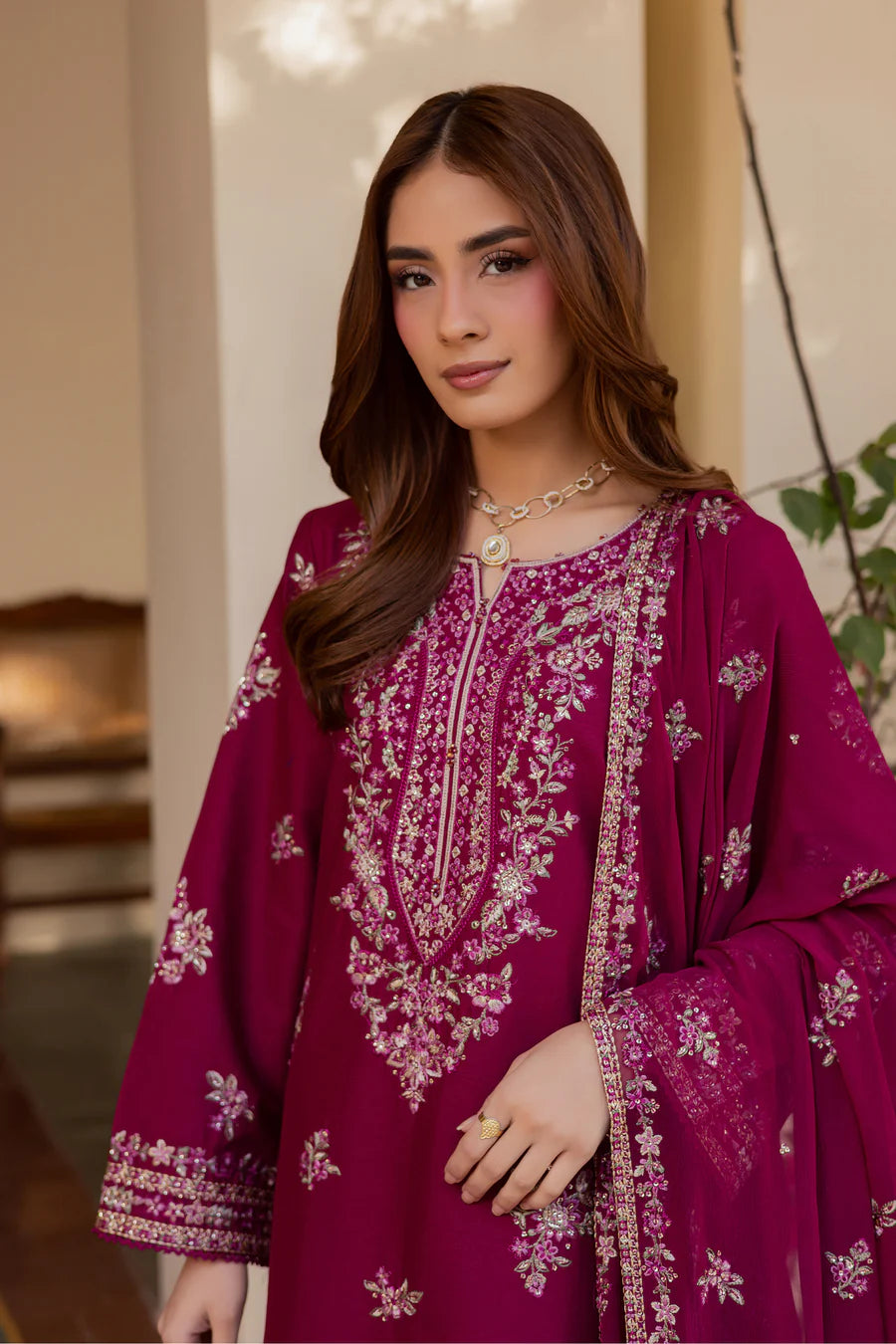 Plum Meeraki 3Pc - Embroidered Lawn Dress