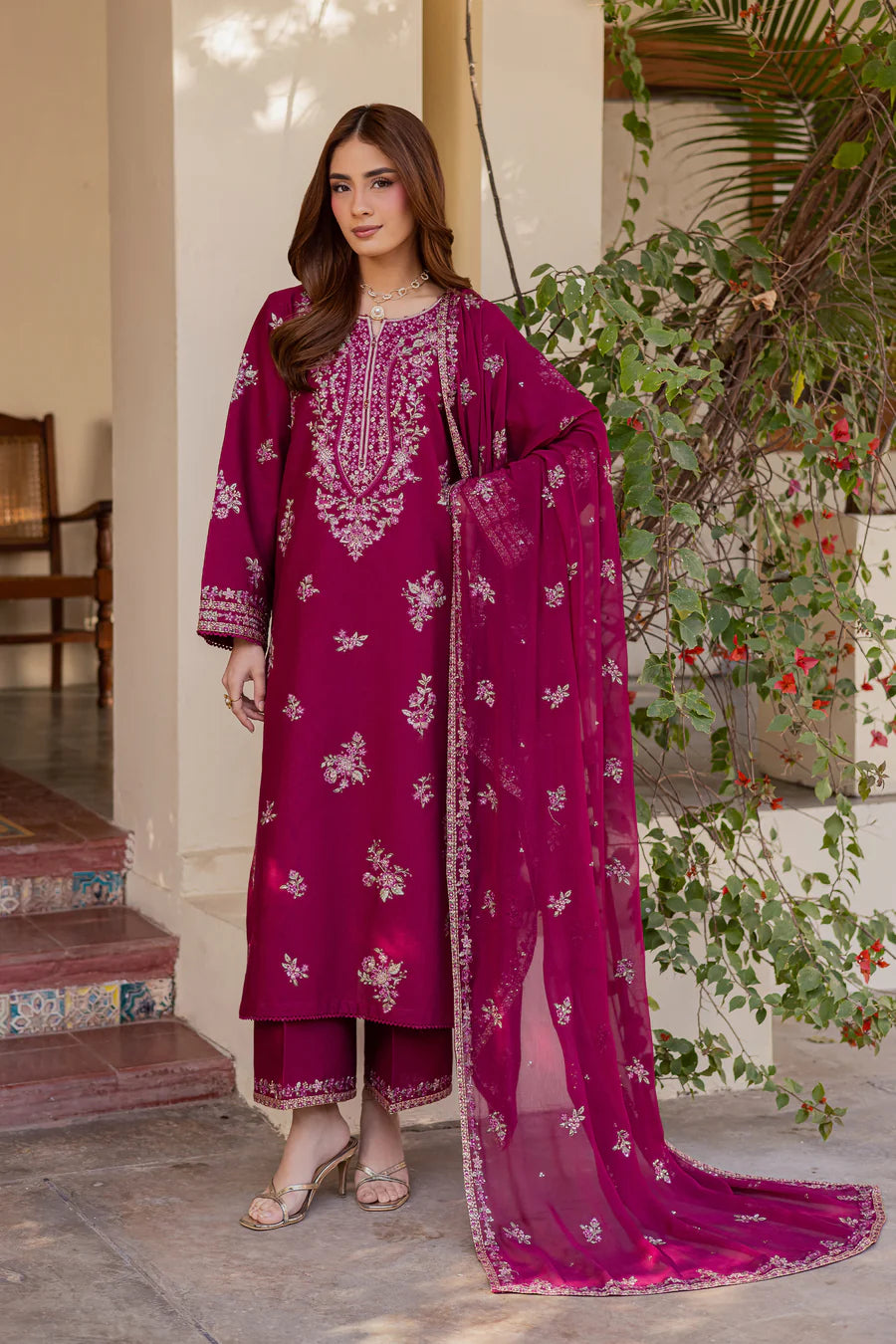 Plum Meeraki 3Pc - Embroidered Lawn Dress